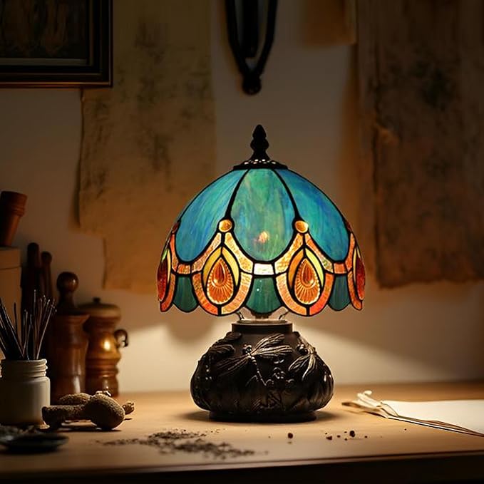 Small Tiffany Mushroom Table Lamp,Mini Memory Sympathy Antique lamp 8X11 Inch (Peacock Crystal)