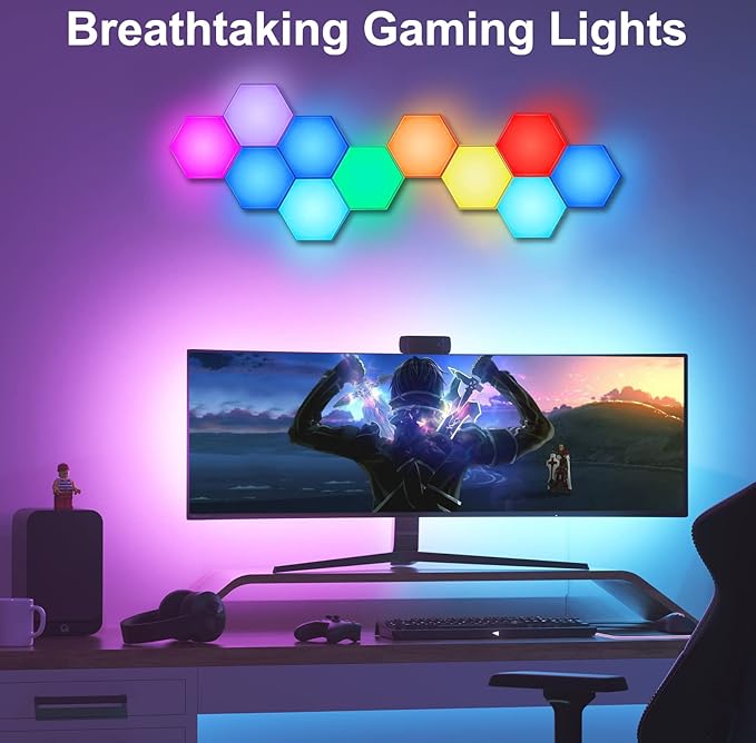 Amailtom Gaming LED Hexagon Lights Remote Controlled, RGB LED Wall Lights Touch Sensitve Hexagon Light Panels for Gaming Setup, 14 Geometric Wall Panels for Living Room/Bedroom/TV