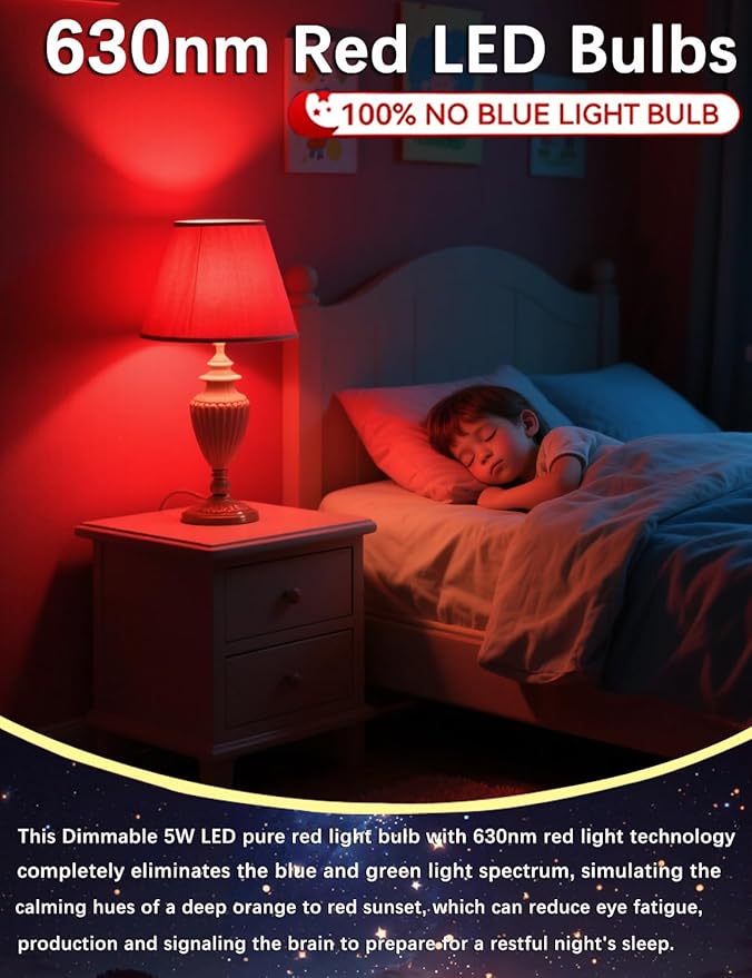630nm Red Light Bulb for Sleep Dimmable, 100% Blue Light Blocking, Promotes Melatonin Production, E26 A15 LED 5W Red Dim Night Light for Baby's Bedroom, Sleeping, 6Pack
