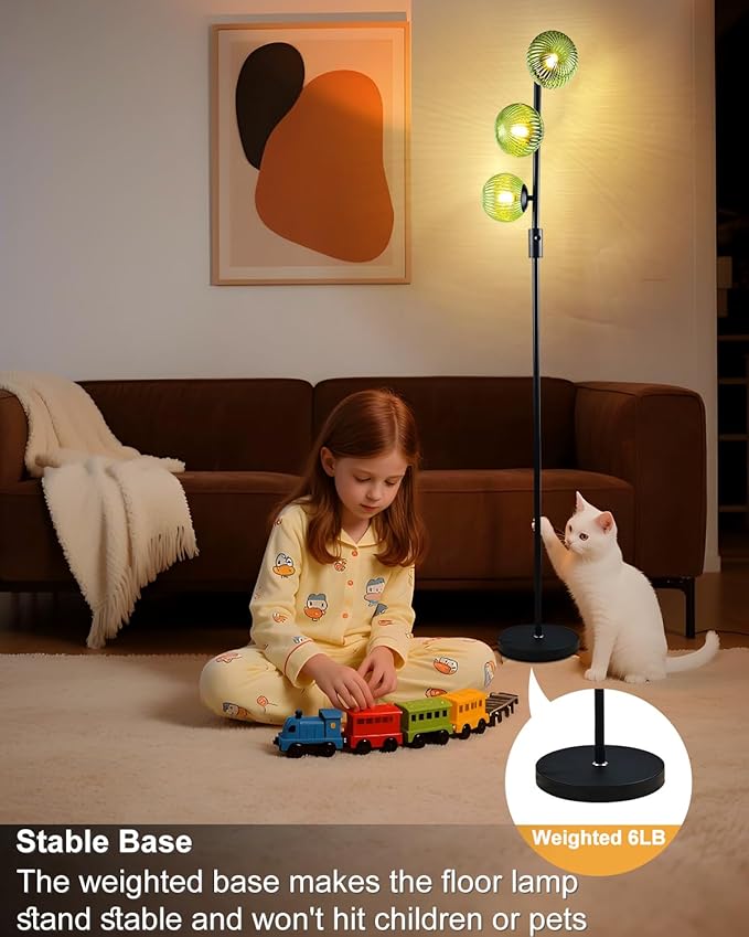 Lightdot Dimmable Floor Lamp for Living Room with 3 Green Glass Globe Shade, Black Pole Standing Lamps with Bulbs Included, Mid Century Modern Floor Lamp for Living Room/Sofa Beside/Corner Decor