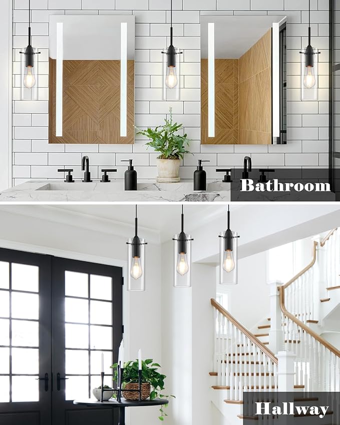 Glass Pendant Lights Kitchen Island 1 Packs, Black Pendant Light, Modern Clear Glass Pendant Light Fixture, Pendant Lights for Kitchen Island, Bedroom, Living Room, Bathroom