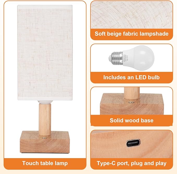 Small Corded Touch Square Table Lamp Set of 2 with Stepless Dimming, Natural Wood Base & Linen Fabric Shade, 5W Ambient Night Light for Bedroom, Bedside, Nightstand, Living Room, Nursery