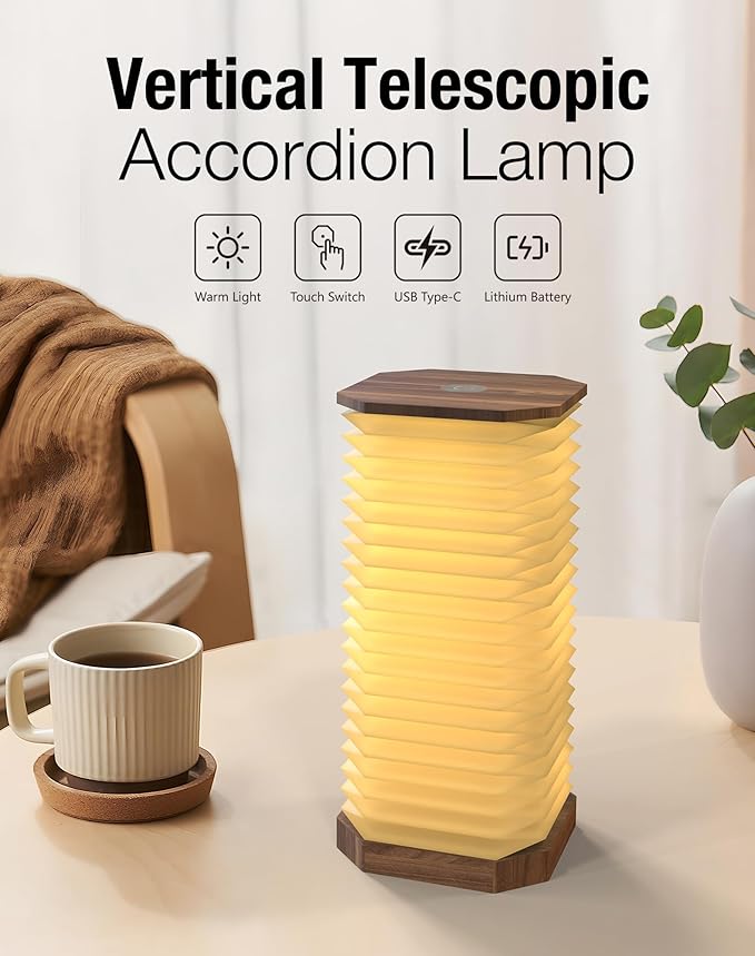 Bedside Table Lamp for Bedroom, Vertical Accordion Lamp with Warm Light, Adjustable Height & Brightness, USB Charging, Study Reading Light for Living Room, College Dorm, Home, Office