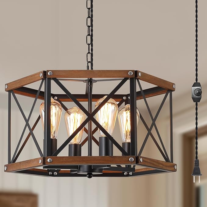 4-Light Large Rustic Farmhouse Plug in Pendant Light Fixture with Adjustable Chain, Dimmable Switch, 20 inch Oak Wood and Metal Cage Hanging Lamp for Dining Room Living Room Farmhouse Entry, Black