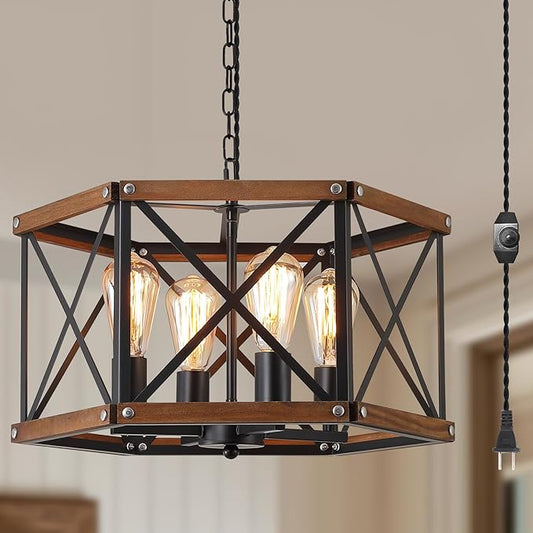 4-Light Large Rustic Farmhouse Plug in Pendant Light Fixture with Adjustable Chain, Dimmable Switch, 20 inch Oak Wood and Metal Cage Hanging Lamp for Dining Room Living Room Farmhouse Entry, Black