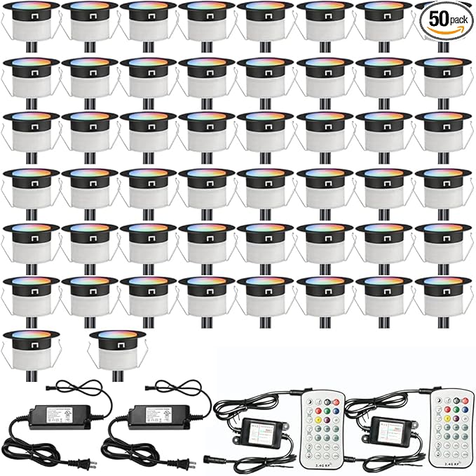 FVTLED Low Voltage Recessed RGBW Deck Light, 50pcs Φ1.22 RGB & Warm White Stainless Steel Waterproof Outdoor Step Lighting In-ground Landscape Pathway Patio Stair Decor Lamp, Black