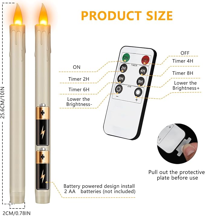 Flameless Taper Candles Realistic Flickering Flame, Battery Operated, Remote Control with Timer, Safe for Kids & Pets, Ivory, 10-Inch, Pack of 6 Ideal for Home, Weddings & Parties