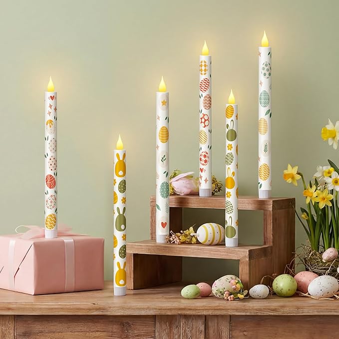 Honoson 6 Pcs Easter Flameless Taper Candles 10.6 Inch Colorful Egg Bunny Candles Battery Operated LED Candlesticks for Easter Dinner Table Home Party Decor