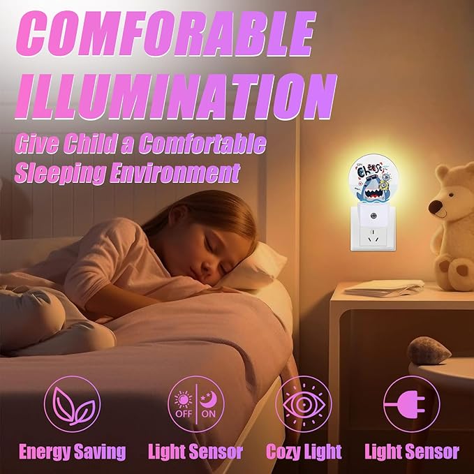 Cute Shark Night Light Ocean Animals Night Lights LED Lamp Round Plug into Wall Nightlight with Dusk to Dawn Sensor Home Hallway Stairway Kitchen Decor