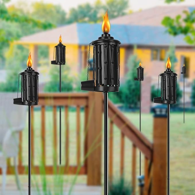 Home Garden Torch Set of 6, 16oz Outdoor Metal Torch Garden Décor,59-Inch Upgraded Citronella Torches with 3-Prong Grounded Stake, Metal Light Torches for Party Patio Pathway