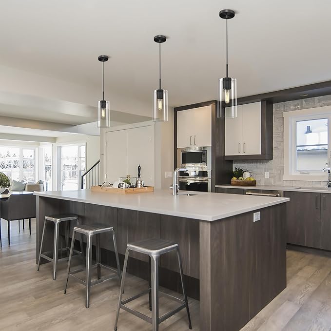 Modern Black Pendant Lights Kitchen Island Glass Pendant Light, 9.5'' Farmhouse Clear Glass Cylinder Pendant Light,Copper Kitchen Pendant Lighting Over Island Sink, E26 Bulb Included