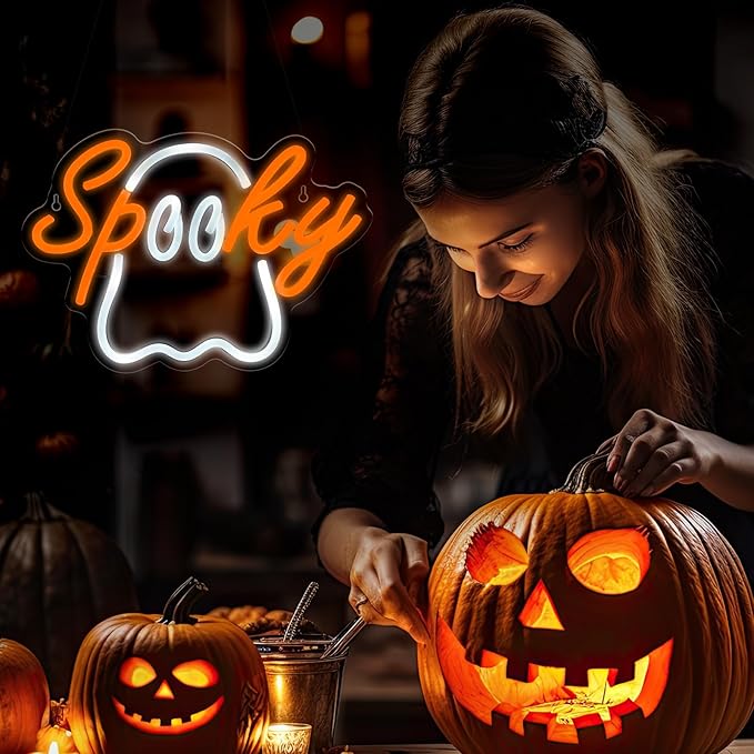 Halloween Ghost Neon Sign Acrylic LED Spooky Light Sign Cute Ghost Wall Hanging Neon Widow Door Light for Halloween Party Bedroom Bar Cave Room Decor