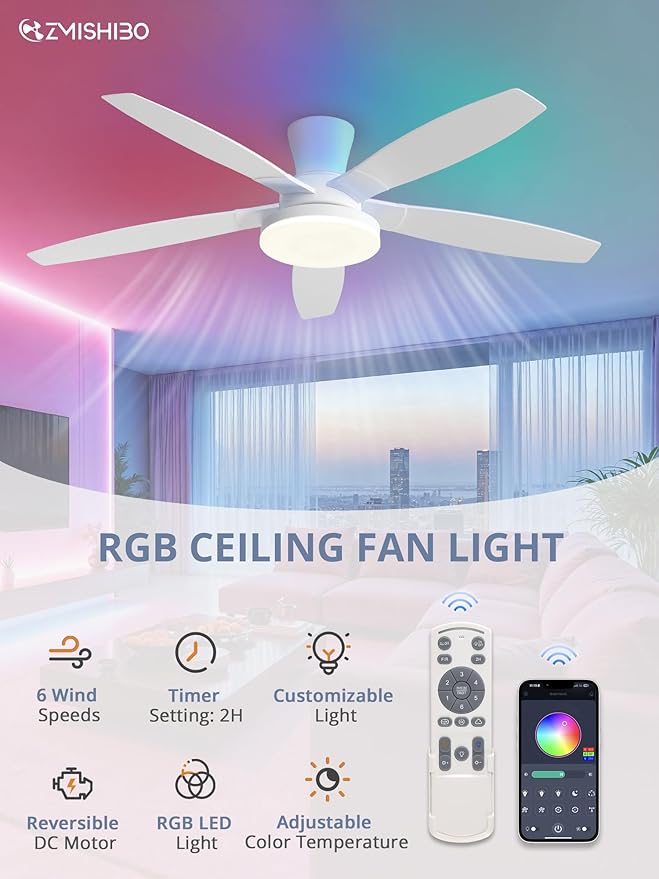 ZMISHIBO 52 inch RGB Ceiling Fans with Lights and Remote/APP Control,White Low Profile Ceiling Fan with Quiet DC Motor,LED Dimmable, Modern Flush Mount Ceiling Fan for Bedroom Indoor,Party, Patio