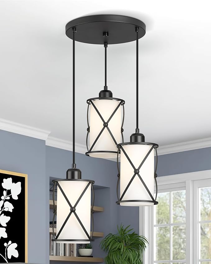 3-Light Dining Room Chandelier Light Fixtures, Black Pendant Lighting with Frosted Glass, Modern Kitchen Island Cluster Hanging Pendant Lights for Sink, CH9176BKW3