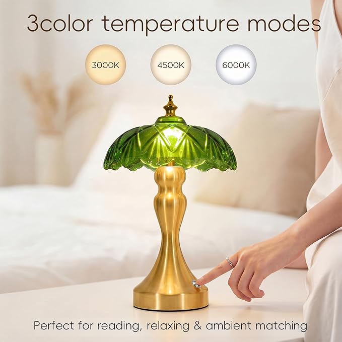 Cordless LED Table Lamp with Glass Shade, 3-Level Brightness & 3 Color Temperatures Touch Control, Rechargeable Portable Bedside Lamp for Nightstand Bedroom Living Room (Green)
