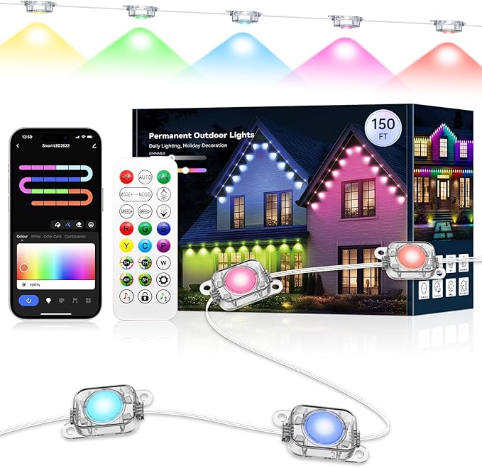 Permanent Outdoor Lights, 150ft with 75 IC+RGB+Warm & Cool White Lights, Smart LED Halloween Christmas House Decor Lights with APP & Remote Control, IP67 Waterproof, DIY Scene