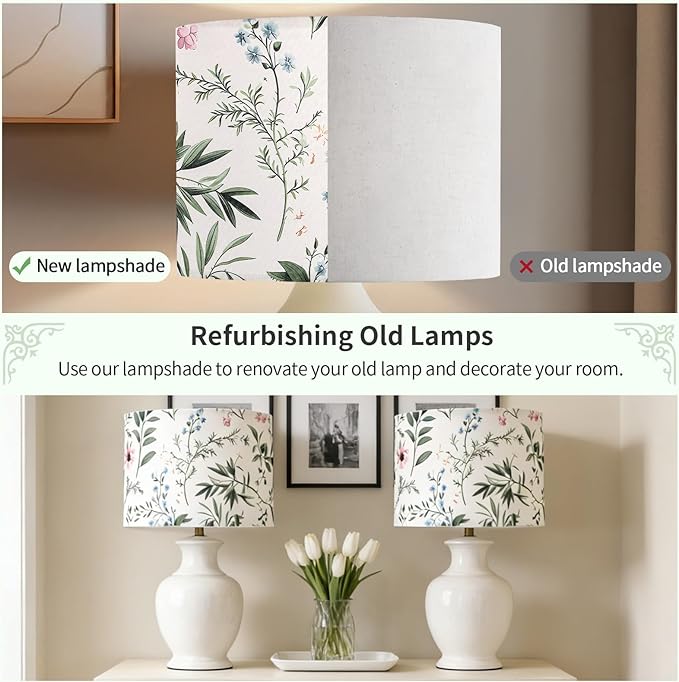 Fabric Lamp Shade, Floral&Plants Print Lamp Shades, 13" x 13" x 10" Lampshade, Lamps shades fit with Spider, Modern Farmhouse Lamp Shades for Floor Lamps,Table Lamps (1 Pack/Easy Assembly)