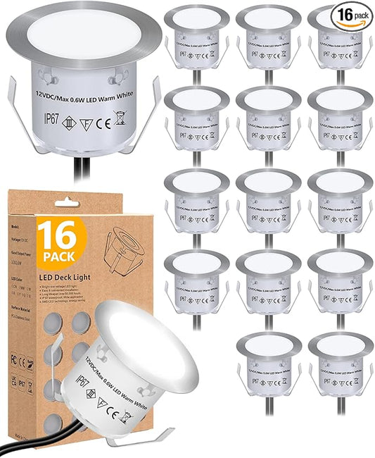 HIBOITEC Recessed LED Deck Light Kits(16 Pack) 12V Low Voltage Landscape Lighting IP67 Waterproof Outdoor Step Stair Lights Deck Lighting for Garden Steps Stair Patio Floor Decoration, White
