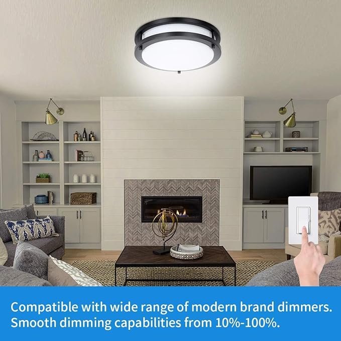 48W Dimmable LED Ceiling Light Fixture, 13.2in Flush Mount Light Fixture, Ceiling Lamp for Bedroom, Kitchen, Bathroom, Hallway, Super Bright 4000 Lumens,Blacck, 3000K Warm White