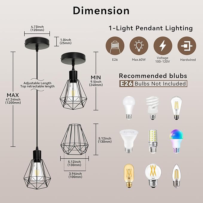 Black Pendant Lights Kitchen Island, Metal Pendant Lighting E26 Socket Hanging Modern Light Fixtures with 1.2m Cord for Entryway, Dining Room, Hallway-1 Pack
