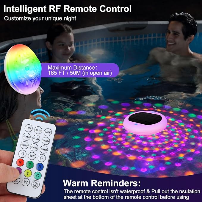 Solar Floating Pool Lights: 2 Pack USB Rechargeable Pool Lights That Float 6 Dynamic Modes with Remote IP68 Waterproof Hang RGB Upper and Lower Floating Light for Pond Garden Party Yard