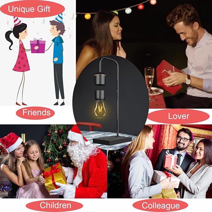 Magnetic Levitating Light Bulb Magnetic Levitation Plastic Black Base Table Lamp Antigravity White LED Night Light Floating Lamps for Christmas Office Gifts Home Decorations