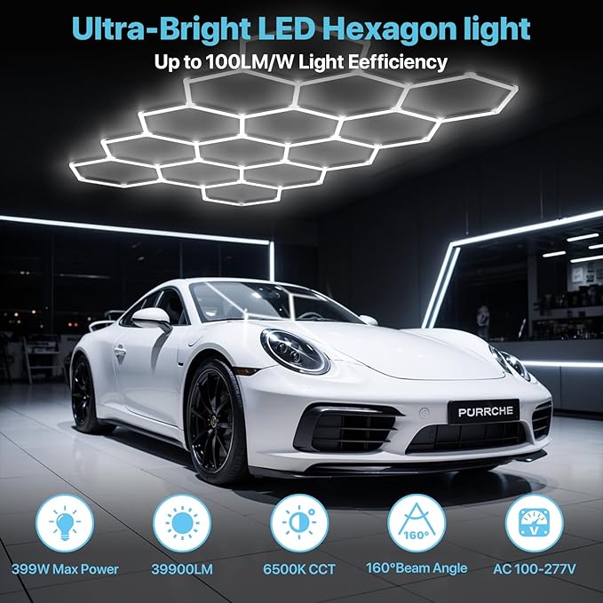 HYPERLITE Gen 2 Hexagon Garage LED Light, Upgraded 3 Level Dimmable 399W 39900LM Super Bright Garage Detailing Lights, 14 Grids Hex Shop Lights, Hexagon LED Lights for Basement, Car Detailing, Gym
