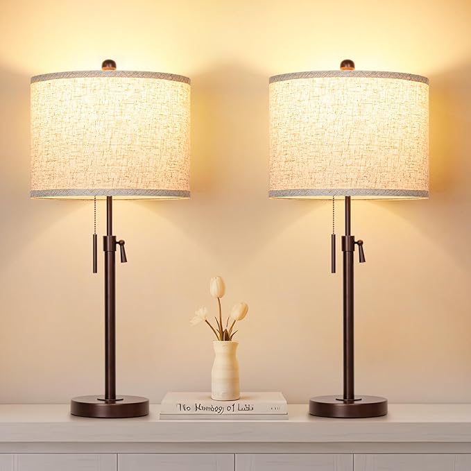 Table Lamps for Bedrooms Set of 2: 22" to 30" Height Adjustable Nightstand Lamps with White Linen Shade | Pull Chain Switch | Marble Base - 3 Way Dimmable Beside Lamp (Brown)
