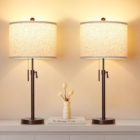 Table Lamps for Bedrooms Set of 2: 22" to 30" Height Adjustable Nightstand Lamps with White Linen Shade | Pull Chain Switch | Marble Base - 3 Way Dimmable Beside Lamp (Brown)