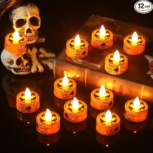 GenSwin Halloween Tealights Candles Battery Operated, 12 Pack Tea Lights Flameless Candles with Timer, Orange LED Votive Flickering Candles with Pumpkin Face and Spiderweb Prints for Halloween Decor