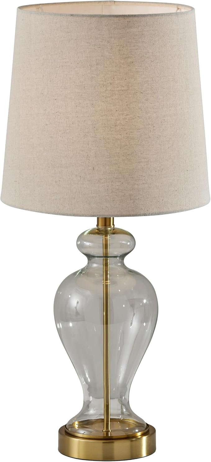 Adesso Table Lamp with Glass Base, Brass Accents, and Tan Textured Lampshade – Bedside Table, Home Office Lighting, or Living Room Decor, 26” x 12”