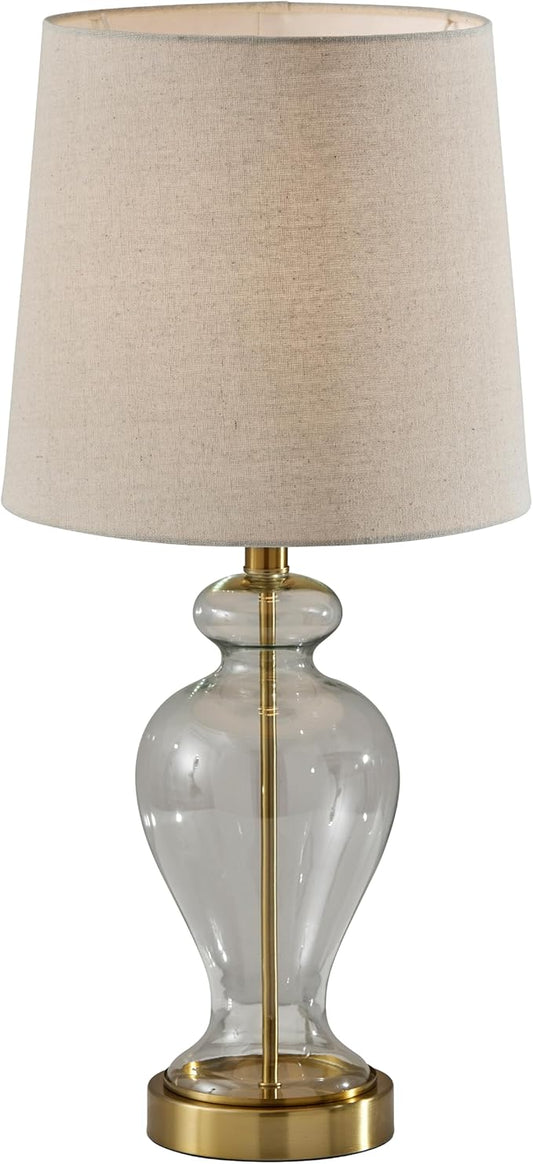 Adesso Table Lamp with Glass Base, Brass Accents, and Tan Textured Lampshade – Bedside Table, Home Office Lighting, or Living Room Decor, 26” x 12”