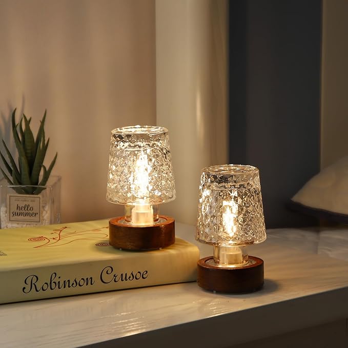 Mini Soft Warm LED Night Light, Battery Operated Portable Glass Lamp with Timer, Art Deco Style, Crystal Color, for Adults