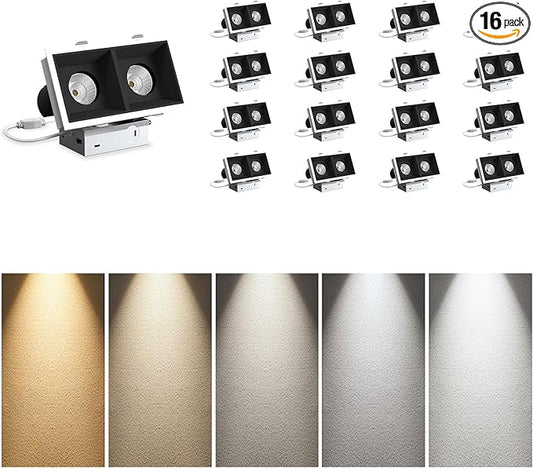 LED Square Recessed Lighting 16 Pack, 24W Adjustable Downlight, Aluminum Recessed Ceiling Light with junction Box, 5 CCT 2700K-6000K, TRIAC Dimming Rotation Spotlight for Living Room Hallway Kitchen