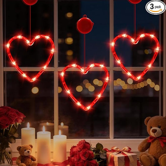LOLStar Valentines Day Window Lights Decor with Timer, 3 Pack Battery Operated Red Heart-Shaped Window Decorations Silhouette Sucker LED Lamp Slow Fade Mode Romantic Light for 2026 Holiday Indoor Home