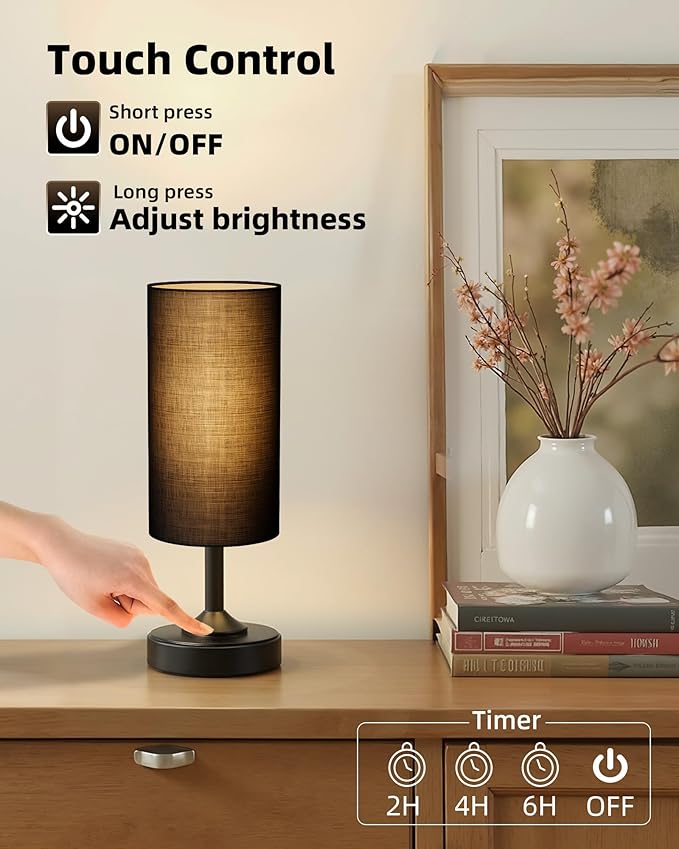 EZVALO Cordless Lamp, Ambient Light, Dimmable, 2700K, Timer, Touch Control, Portable, LED, Battery Operated, Rechargeable, Cordless, Desk Lamp, Kitchen Lamp, Fabric Shade, for Bedroom, Living Room