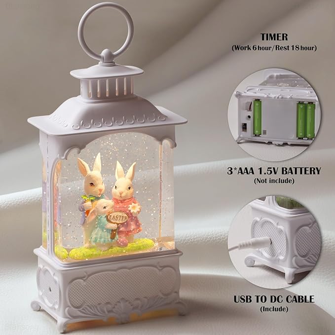 Easter Snow Globe Bunny Snow Globe Lantern with Timer, USB and Battery Powered Easter Decorations for Home Bunny Family 10.2 inch