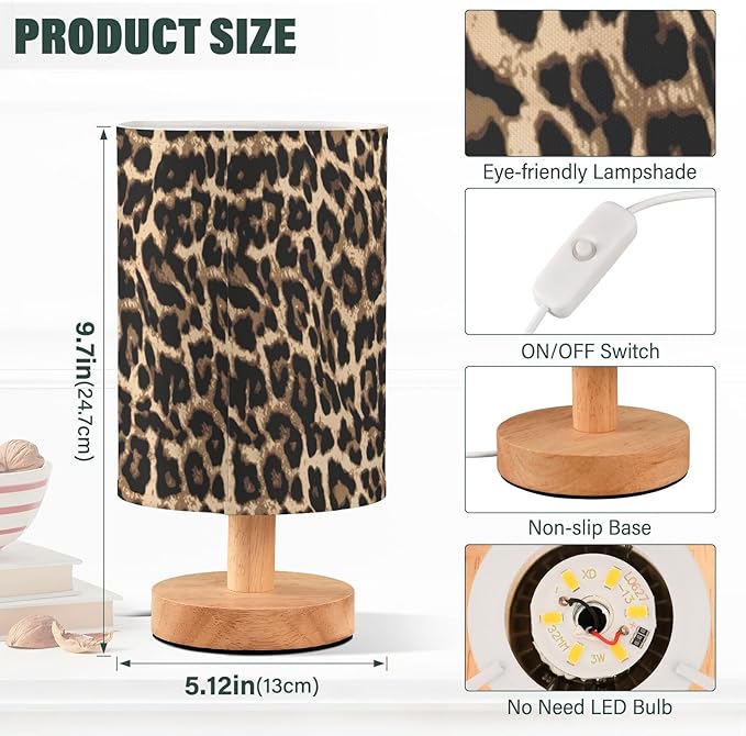 Bedside Table Lamp Leopard Print Nightstand Lamp with Wood Desk Lamps for Bedroom Living Room Nursery Office Home Decor