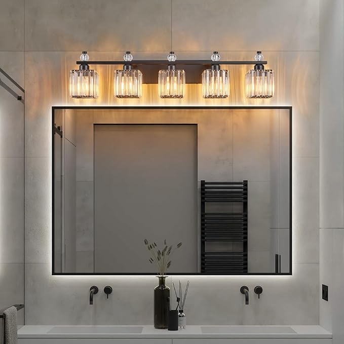 Vanity Lights 5-Light Modern Crystal Vanity Light Sand Black Bathroom Light Fixtures Over Mirror Crystal Bathroom Vanity Lighting Fixtures