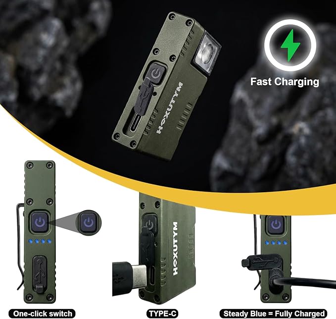 Clip-on LED Rechargeable Flashlights – 500lm EDC Mini Pocket Light, Hands-Free Magnetic Work Light with 180° Rotatable Clip & RGB Emergency Mode for Camping, Hiking, Repairs, Walkies, Green