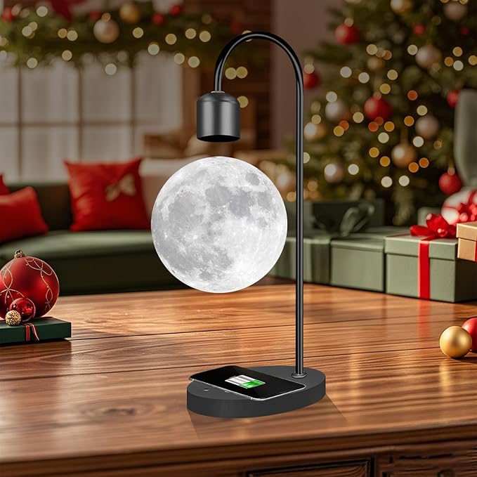 Floating Moon Lamp with 3 Color LED Lights, Magnetic Levitating Moon Ball & Wireless Phone Charger Elegant Home Office Decor Ideal Unique Gift with Cool Mesmerizing Night Display