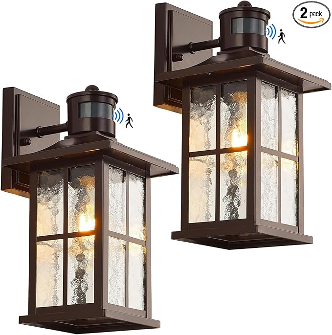 2 Pack Motion Sensor Outdoor Wall Lights Dusk to Dawn Exterior Porch Lantern Brown Outside Sconce Lighting Fixtures Rustic Farmhouse Wall Mount Carriage Lamp for House Garage Patio