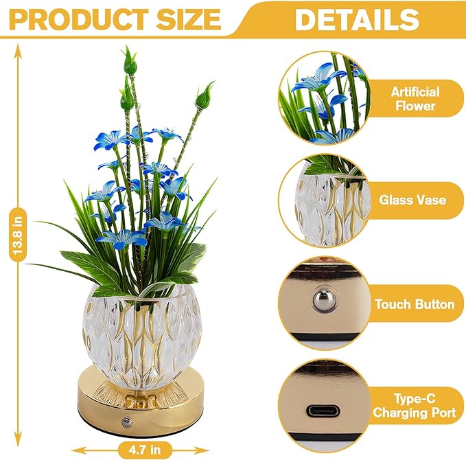 Flower Table Lamp, Mini Lily Table Decor with 3 Colors Dimmable, Artificial Flowers Night Light, Rechargeable Glass Lamp Small Desk Lamp for Party Holiday Home Decoration (Blue - Lily)