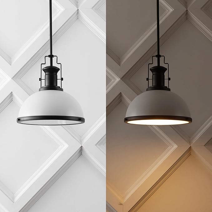 JONATHAN Y 13" Matte Black/White Modern Industrial Iron LED Dome Pendant Light, Adjustable Hanging Fixture for Kitchen Island or Entryway, Black Metal Shade, LED Bulb Included (JYL9536E)