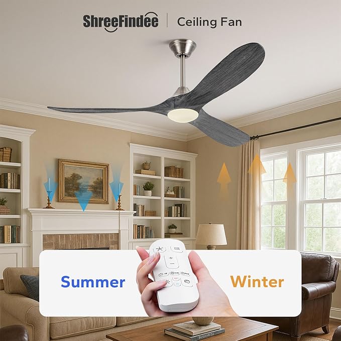 60 Inch Indoor Outdoor Ceiling Fans with Light - Modern Wood Propeller Ceiling Fan with Light 6 Speed Quiet Reversible DC Motor, High Velocity Damp-rated Exterior Ceiling Fan for Patios Bedroom Office