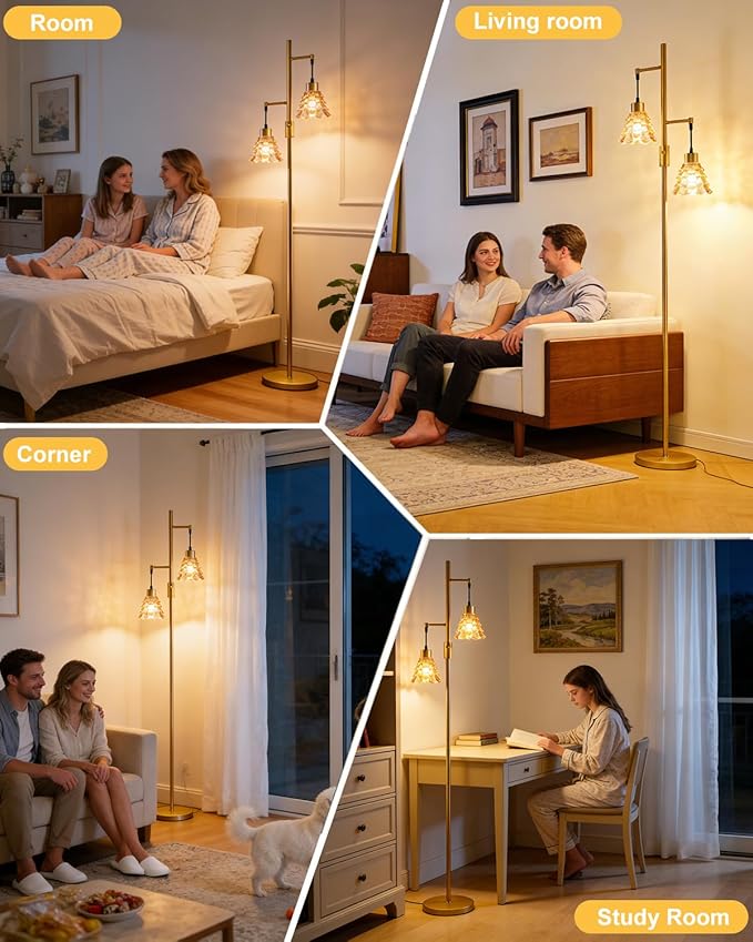 2-Light Glass Floor Lamp, Gold Tall Standing Lamps Dimmable with Brown Glass Lampshade, 3000K Warmwhite Mid Century Modern Floor Lamp for Living Room/Bedroom/Sofa Beside/Home Decor