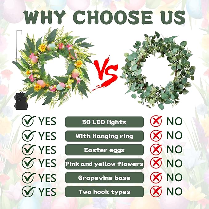 20 Inchs Easter Wreath for Front Door, Decor with Easter Eggs, Flowers & Leaves, Come with Hanger/Hook, 50LED Lights, Timer, for Outdoor Indoor Wall Window, for Spring Summer Hoilday, Gift