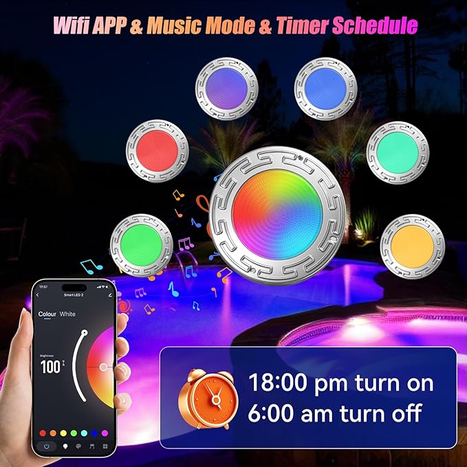 120Ft 6Inch Led Smart WiFi Spa/Pool Lights for Inground Pool with 3 Control Way (APP/Remote/Controller), 20W Led Multicolor Changing Underwater Swimming Pool Light for Wet Niches