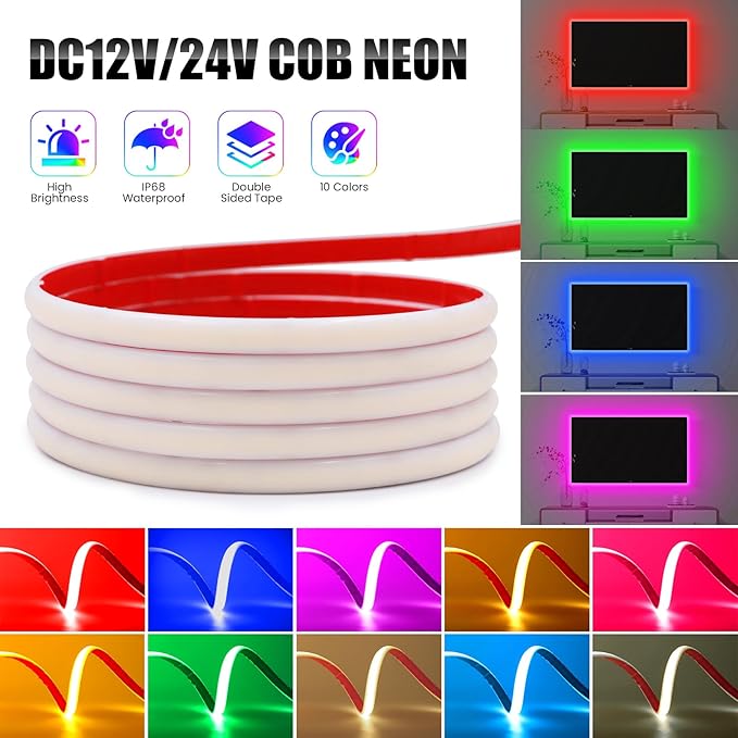 24V COB Neon Strip, 320LEDs/m Ultra-Bright Flexible COB Neon LED Strip, Outdoor Waterproof IP68 Self-Adhesive Tape, Red/White 2-Wire LED Fairy Lights for Patio, Christmas（Blue,7M）