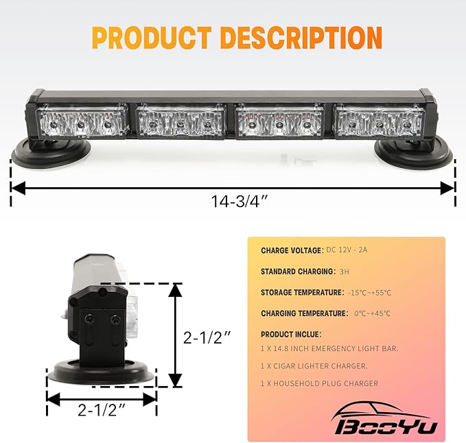 BooYu 14.8" Battery Powered Police Firefighter Emergency Strobe Lights Bar for Trucks/Vehicles Rechargeable Wireless Rooftop Mini Hazard Flashing LED Beacon Warning Light (Red/White/Blue/Amber)